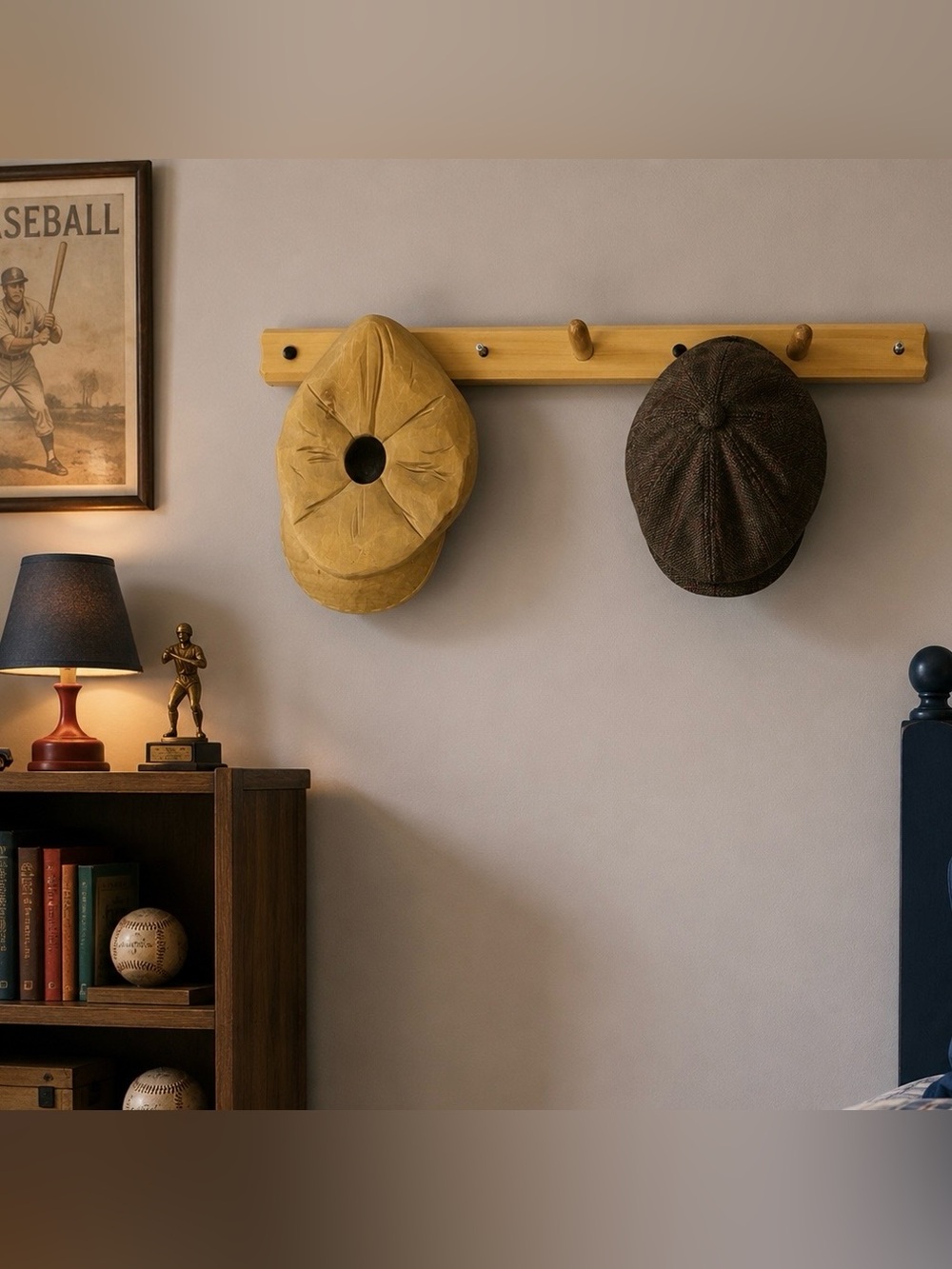 Old Fashion Baseball Hand Carved Wooden Wall Mount Coatrack Cap Hat Boy’s Room